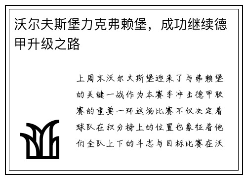 沃尔夫斯堡力克弗赖堡，成功继续德甲升级之路