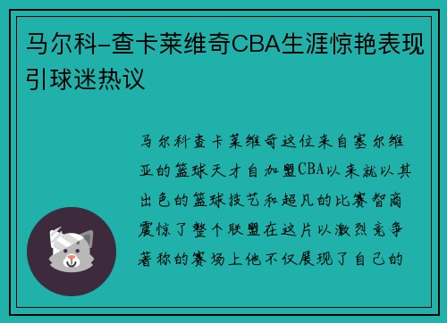 马尔科-查卡莱维奇CBA生涯惊艳表现引球迷热议
