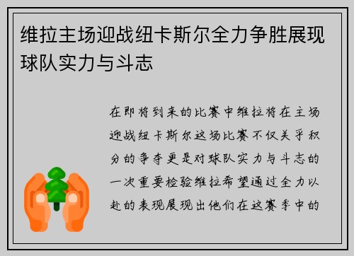 维拉主场迎战纽卡斯尔全力争胜展现球队实力与斗志