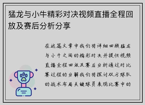猛龙与小牛精彩对决视频直播全程回放及赛后分析分享
