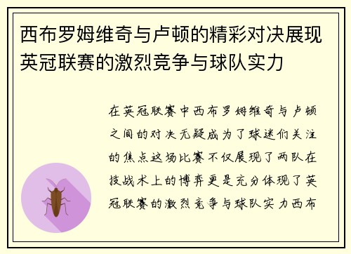 西布罗姆维奇与卢顿的精彩对决展现英冠联赛的激烈竞争与球队实力