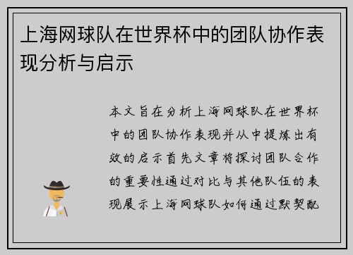 上海网球队在世界杯中的团队协作表现分析与启示