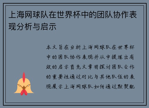 上海网球队在世界杯中的团队协作表现分析与启示