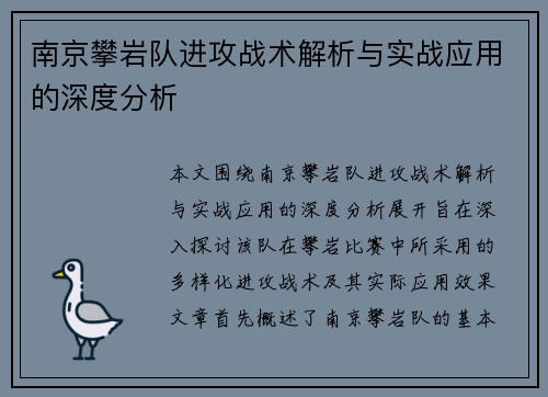 南京攀岩队进攻战术解析与实战应用的深度分析